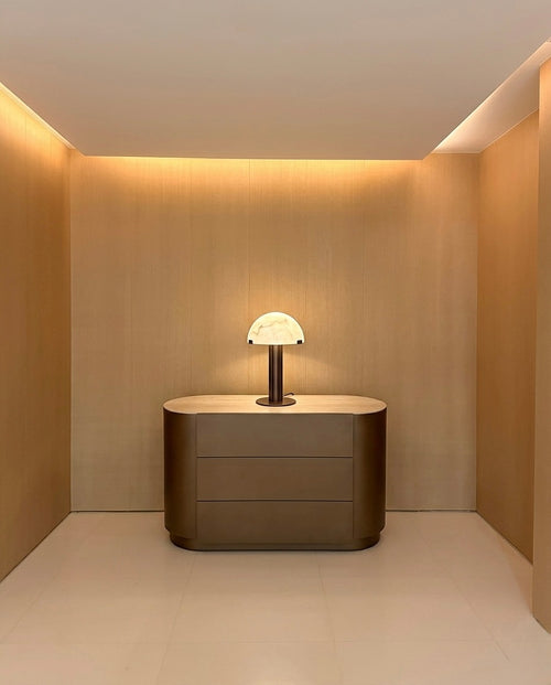 Selene Table Lamp – Sculptural Dome Light in Alabaster & Brushed Metal