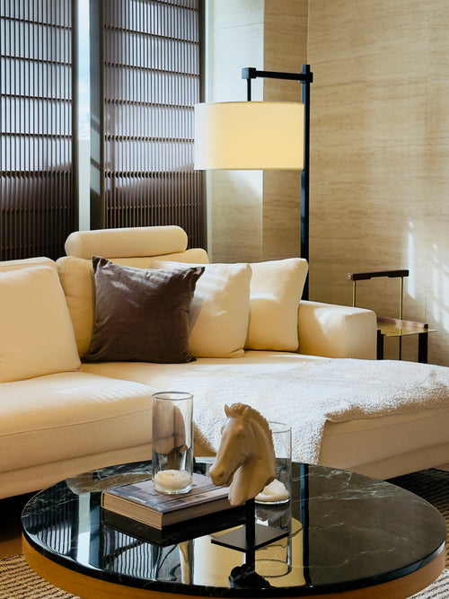 Florian Floor Lamp – Linen Shade with Black Steel Frame