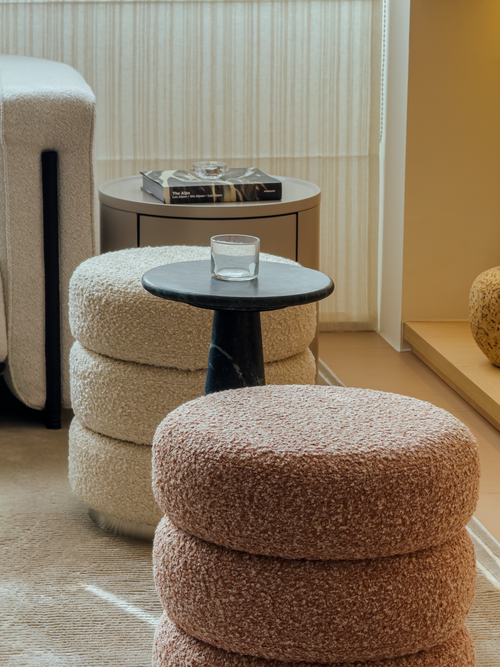 Ferris Pouf – Rose Blush Bouclé Pouf with Brushed Steel Base