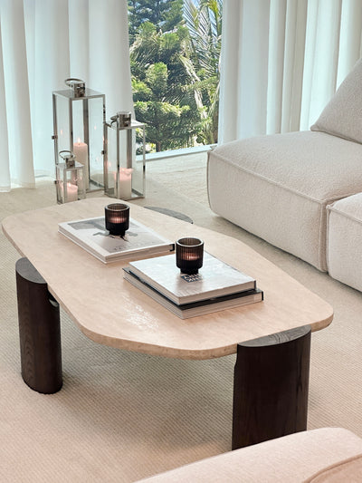 Kensington Travertine Coffee Table (Walnut Legs)