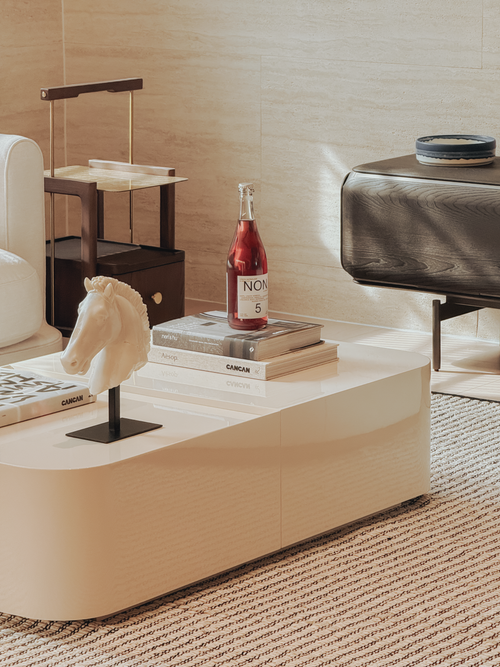 Kinsey Coffee Table – Silk Ivory Lacquer with Full Hidden Storage