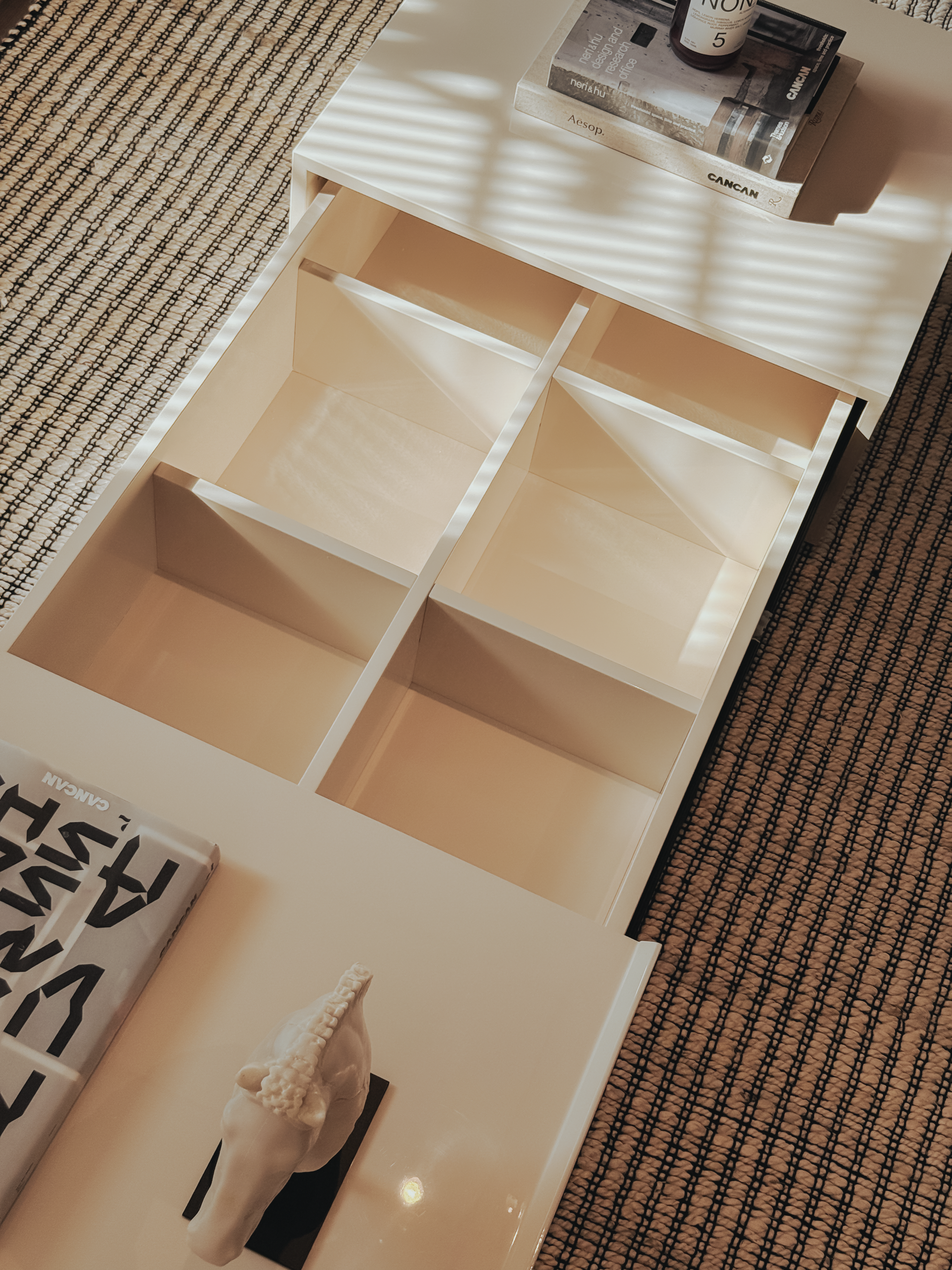 Kinsey Coffee Table – Silk Ivory Lacquer with Full Hidden Storage