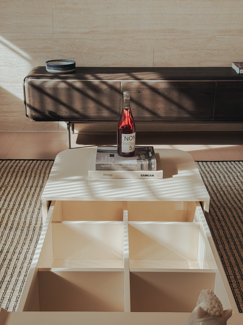 Kinsey Coffee Table – Silk Ivory Lacquer with Full Hidden Storage