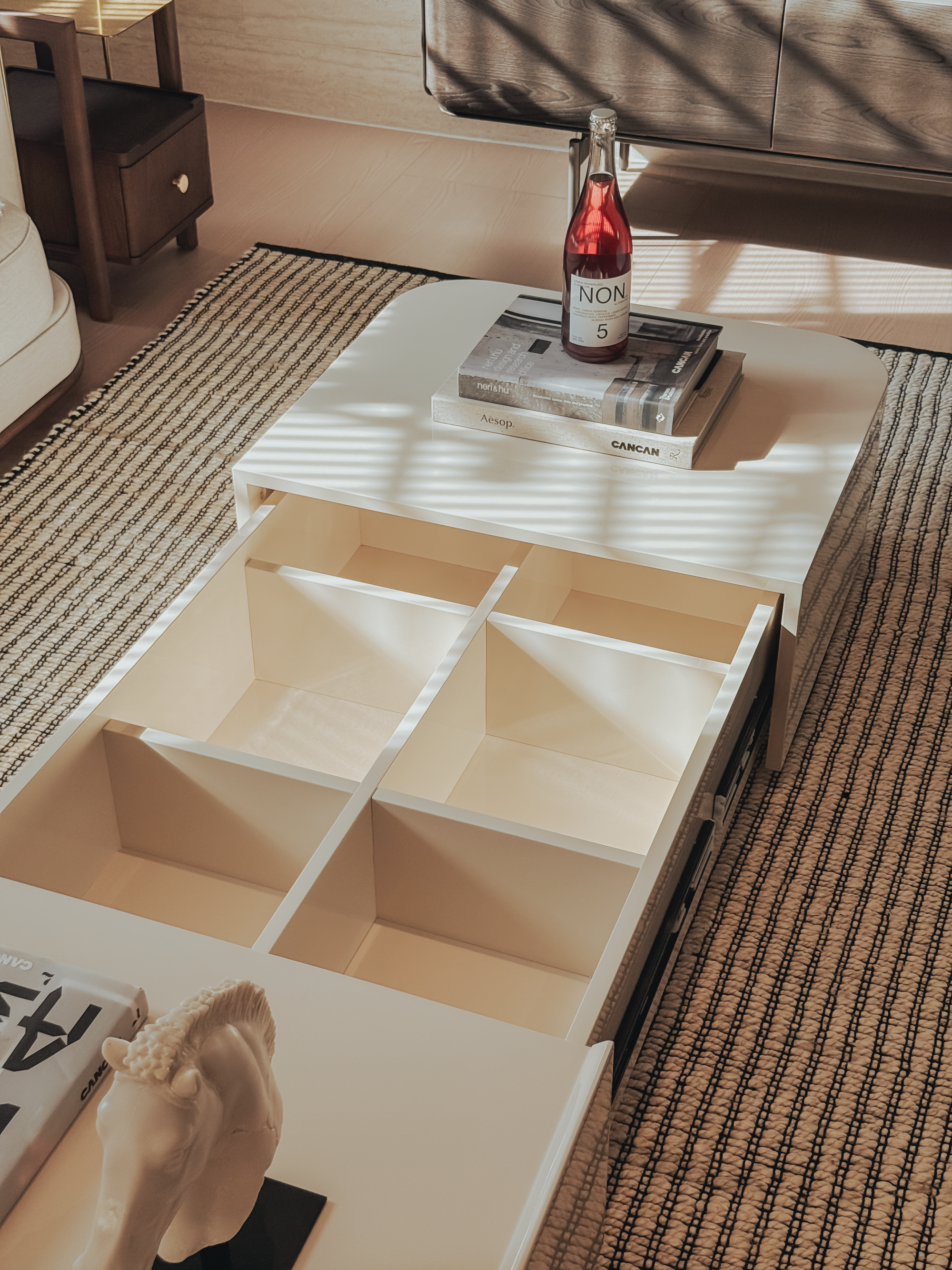 Kinsey Coffee Table – Silk Ivory Lacquer with Full Hidden Storage