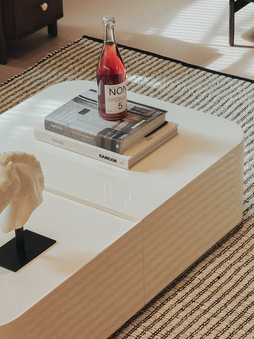 Kinsey Coffee Table – Silk Ivory Lacquer with Full Hidden Storage