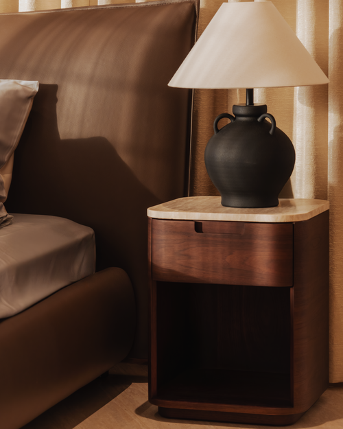 Kinsey Bed Side Table – Walnut with Italian Travertine Top