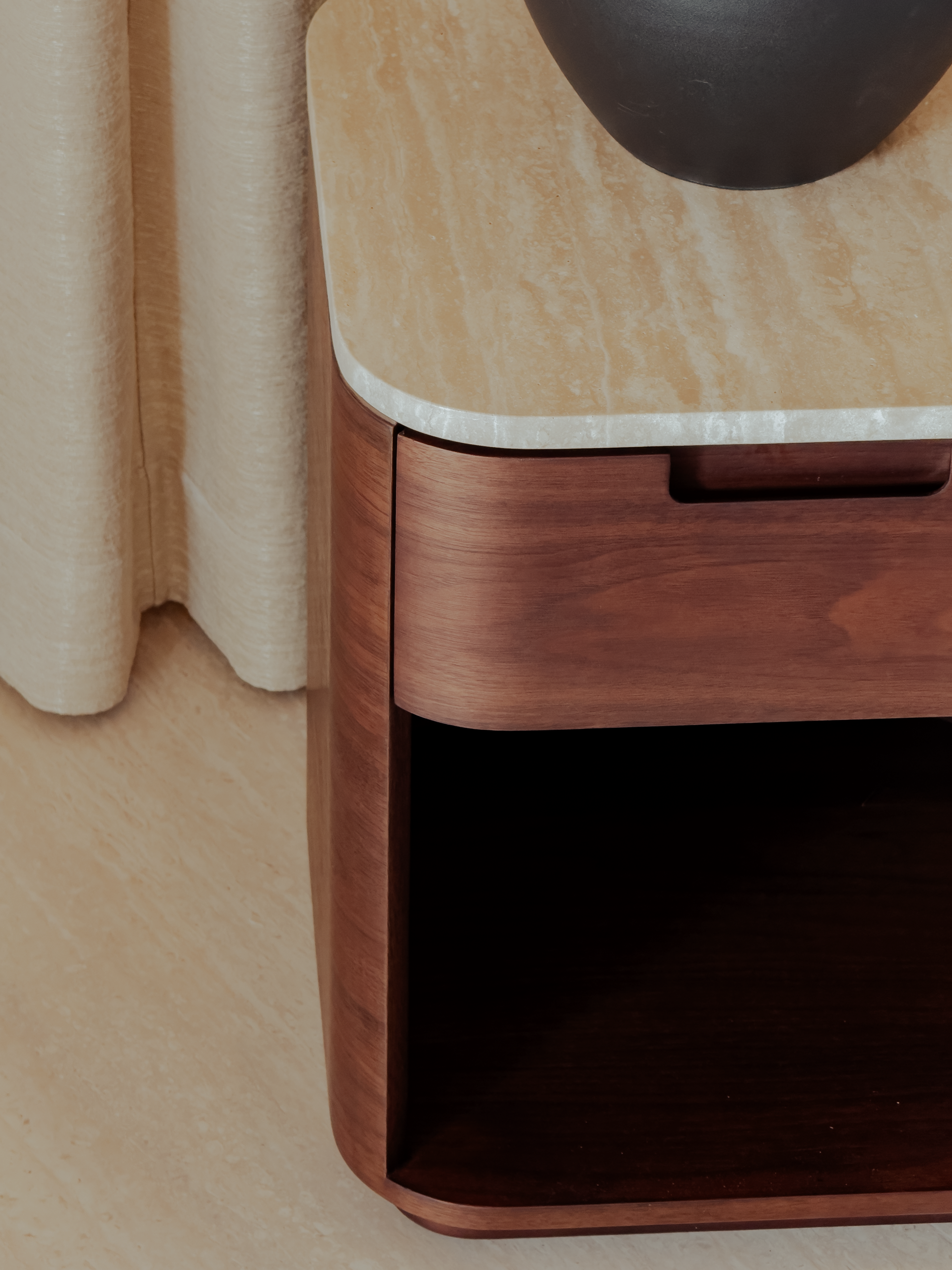 Kinsey Bed Side Table – Walnut with Italian Travertine Top