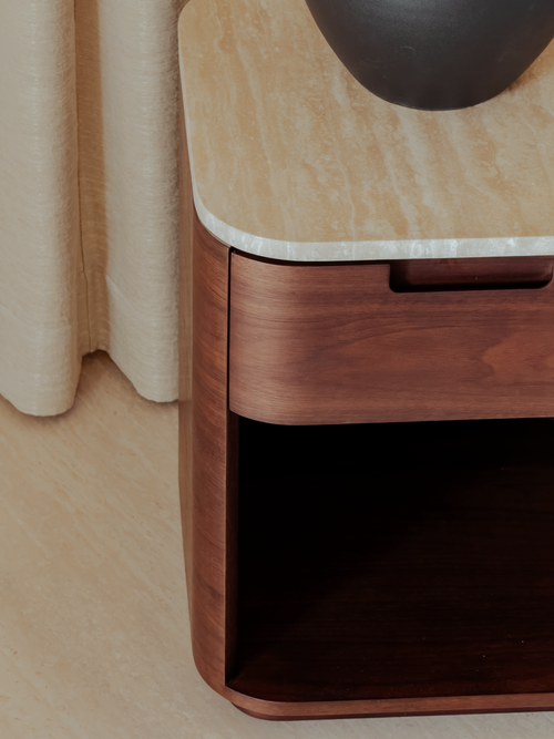 Kinsey Bed Side Table – Walnut with Italian Travertine Top