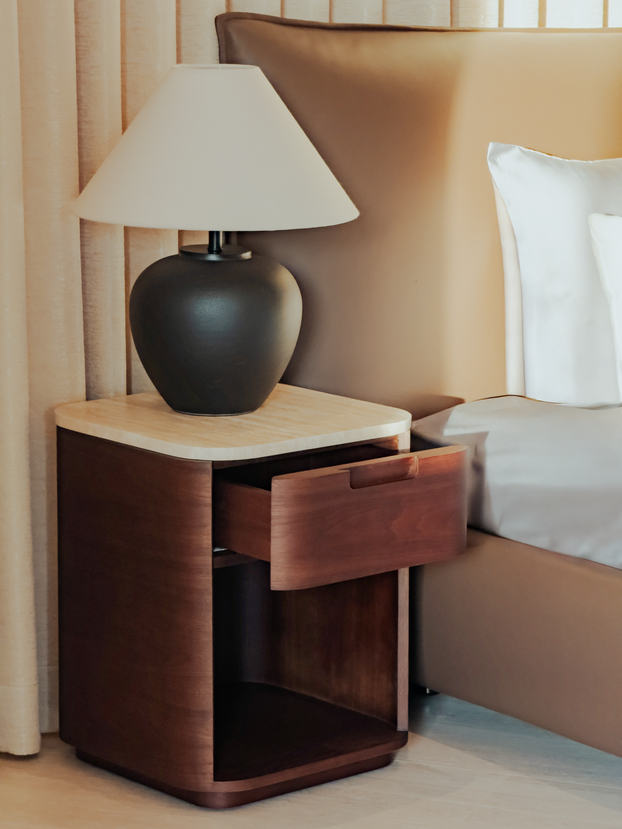 Kinsey Bed Side Table – Walnut with Italian Travertine Top