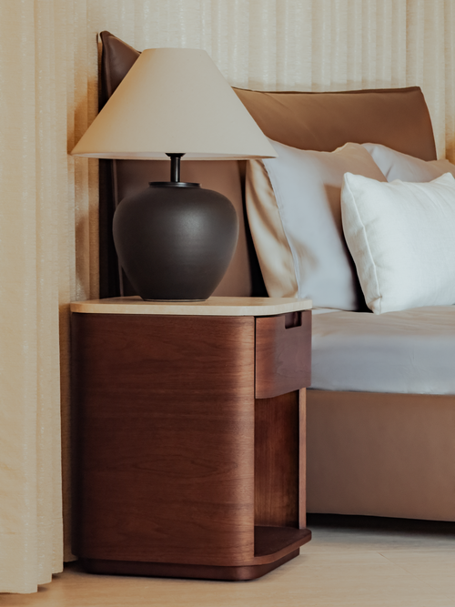 Kinsey Bed Side Table – Walnut with Italian Travertine Top