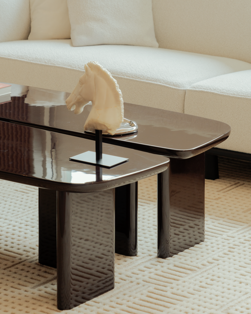 Modern coffee table with a decorative item in a living room setting