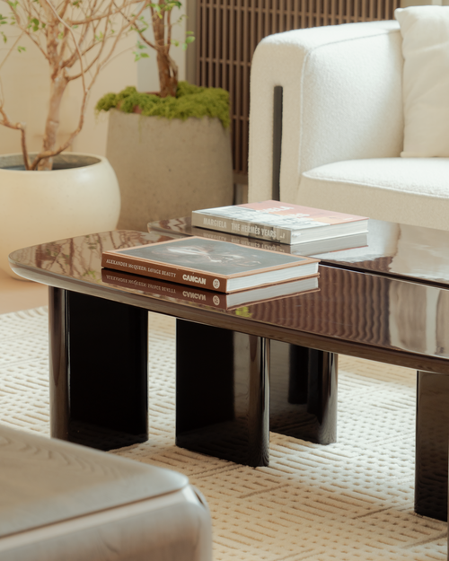Modern living room with a glass coffee table, books, and a white sofa.