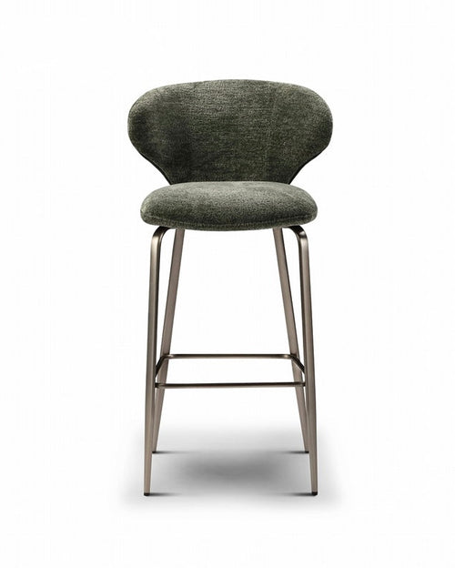 Bar stool with green cushioned seat and metal frame on a white background