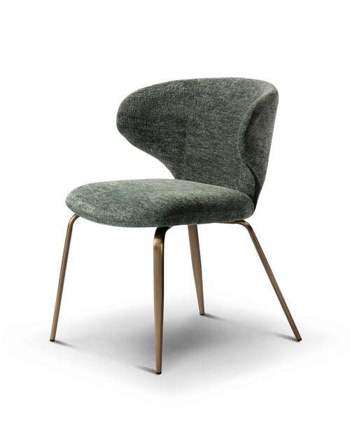 Green upholstered chair with bronze legs on a white background