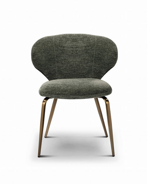Green upholstered chair with bronze legs on a white background