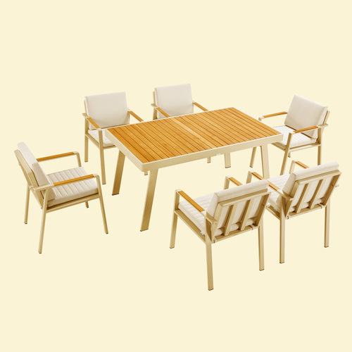 Nofi 6-Seater Outdoor Dining Set – Teak Wood & Pebble Aluminum