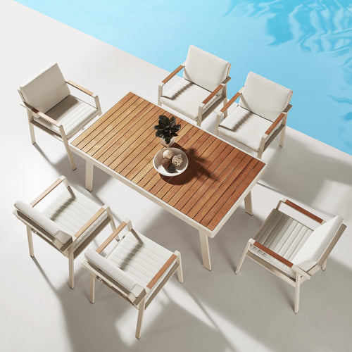 Nofi 6-Seater Outdoor Dining Set – Teak Wood & Pebble Aluminum