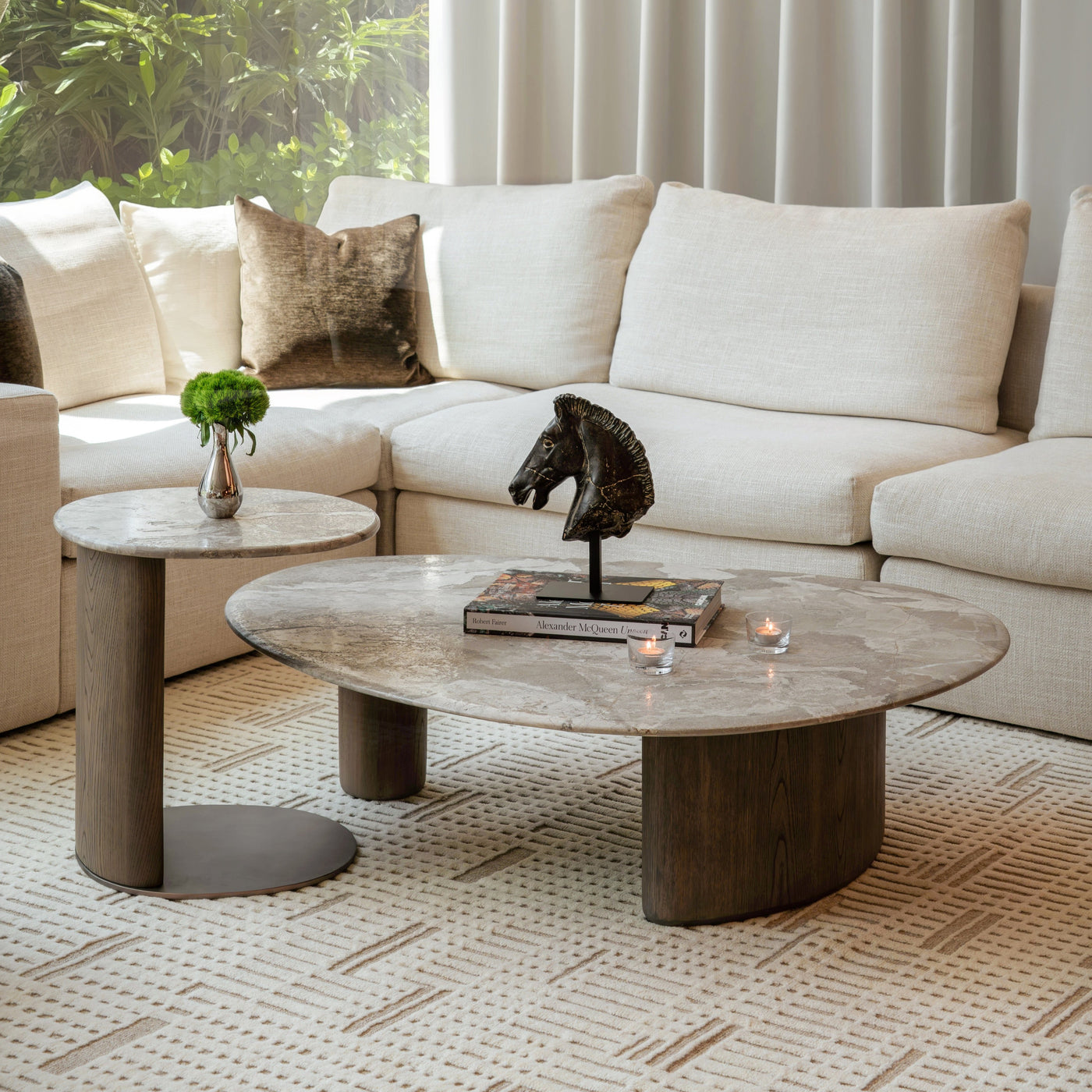 Senti Coffee Table Duo - Maple Brown Marble & Elmwood Base