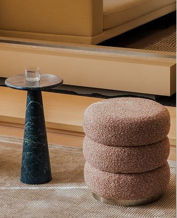 Ferris Pouf – Rose Blush Bouclé Pouf with Brushed Steel Base