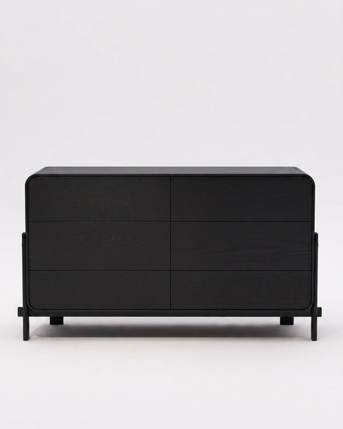 Saville black six-drawer storage cabinet with rounded corners and slim frame