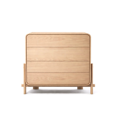 Wooden bed frame with drawers on a white background