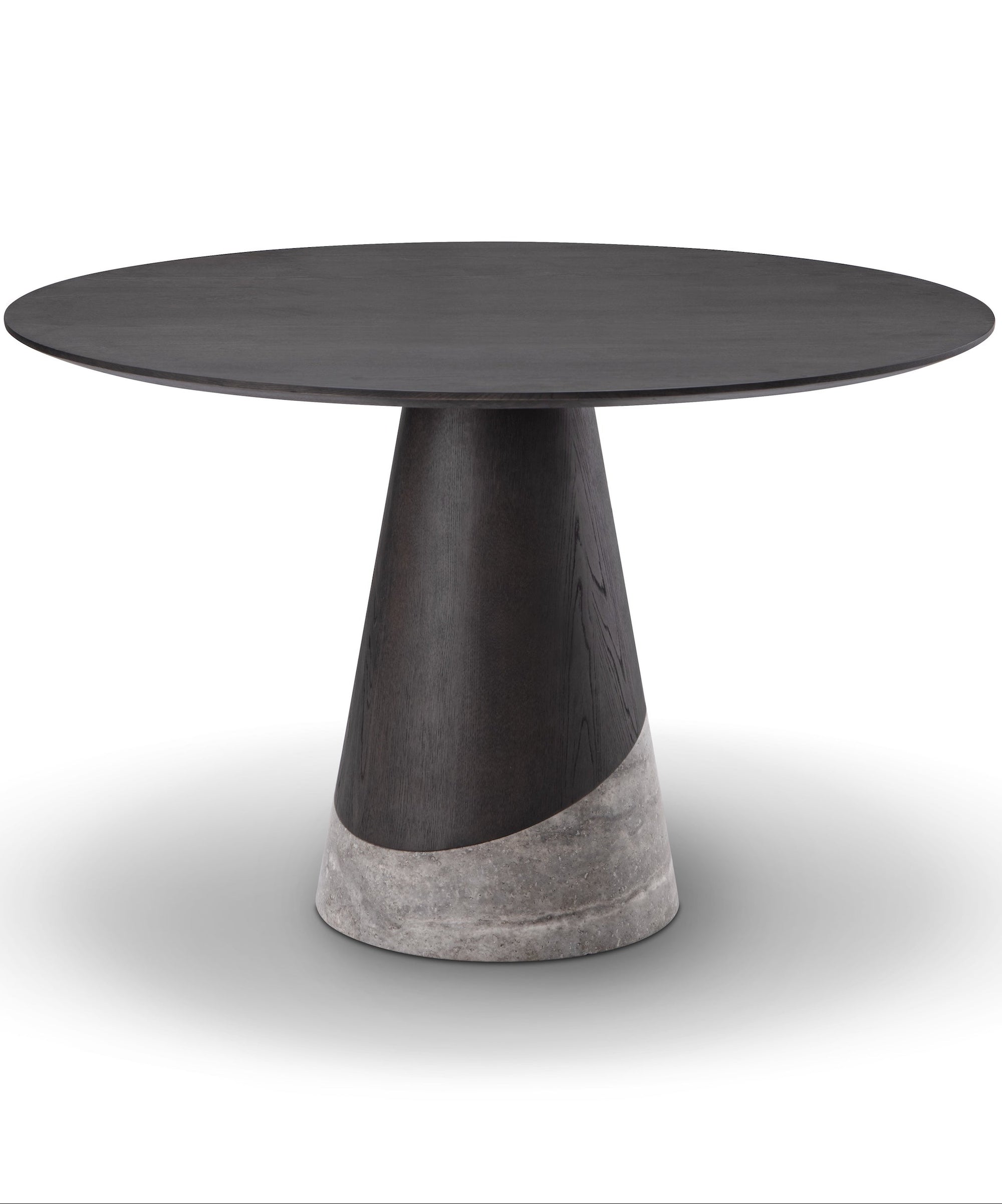 Modern round table with a black top and concrete base on a white background