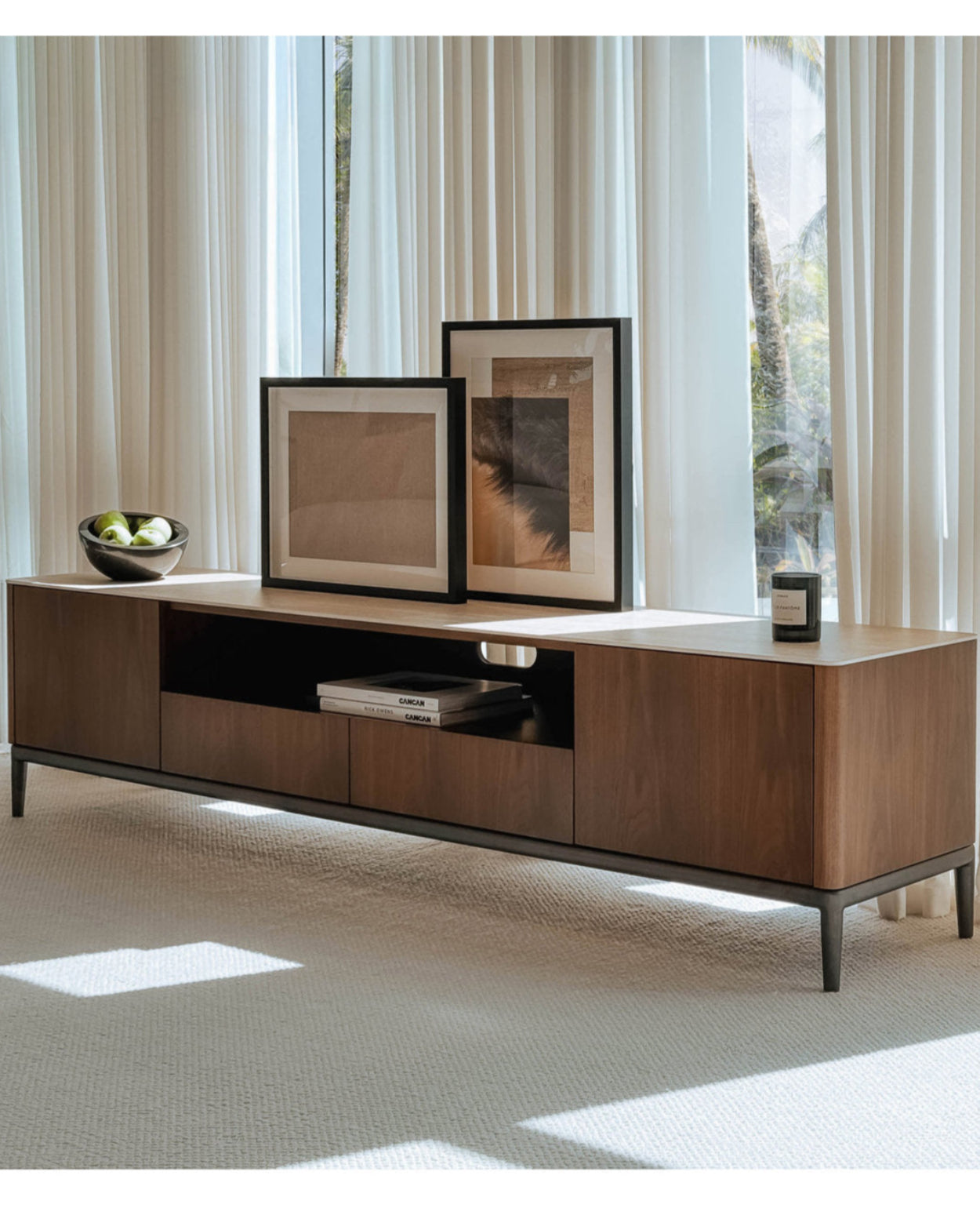 Torres TV Console - Walnut & Ceramic‑Travertine Media Cabinet