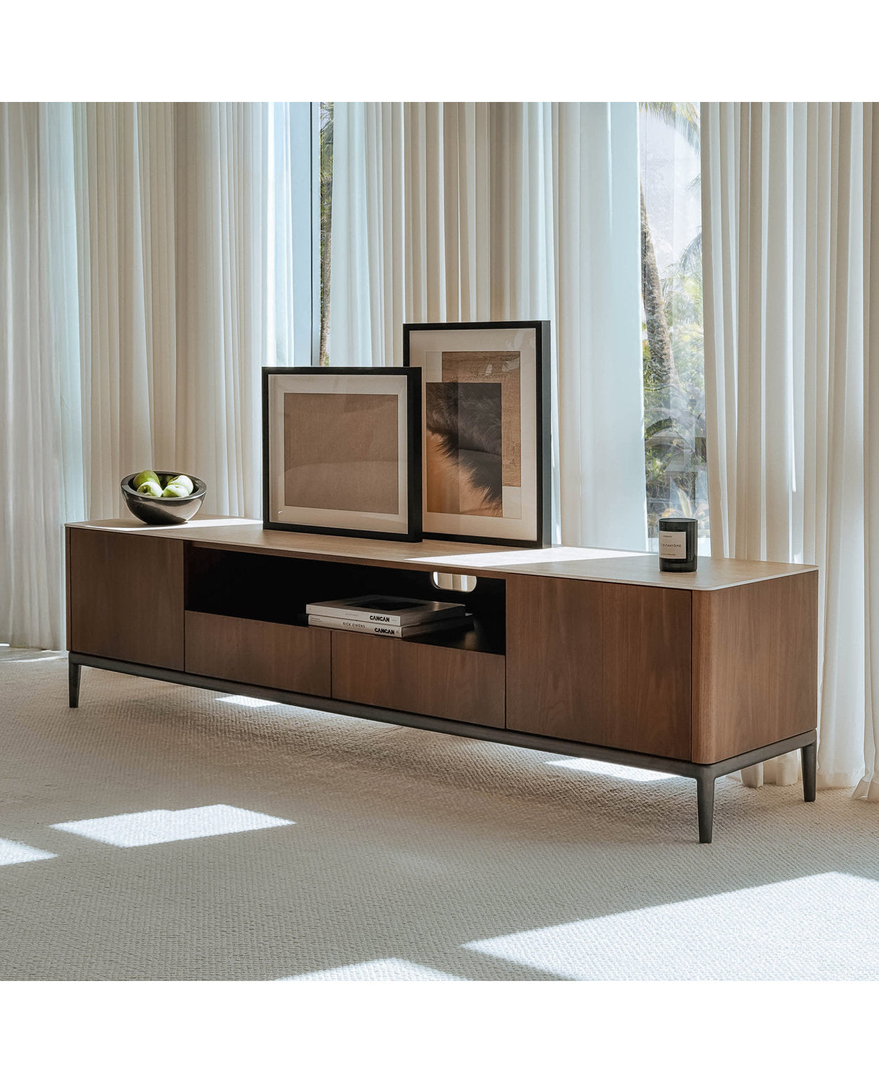 [NEW] Torres TV Console - Walnut & Ceramic‑Travertine Media Cabinet