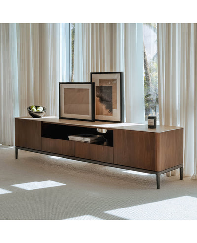 [NEW] Torres TV Console - Walnut & Ceramic‑Travertine Media Cabinet