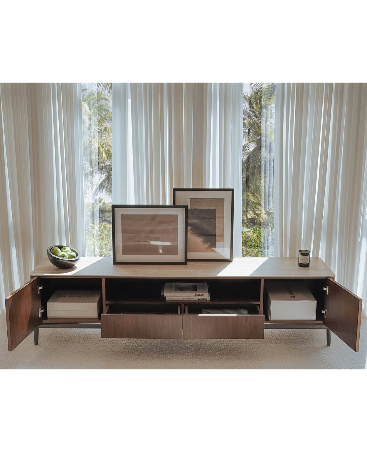 Torres TV Console - Walnut & Ceramic‑Travertine Media Cabinet