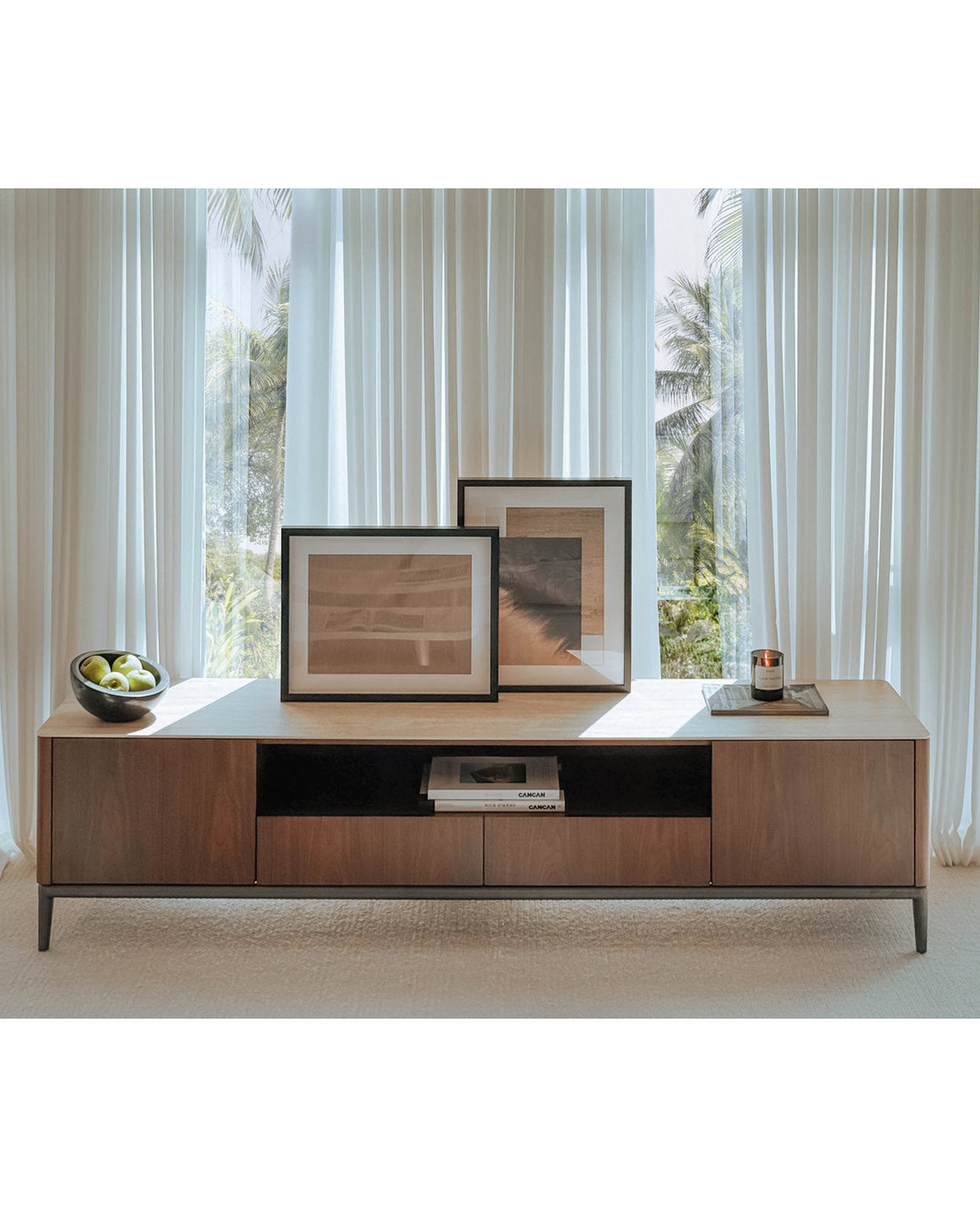 Torres TV Console - Walnut & Ceramic‑Travertine Media Cabinet