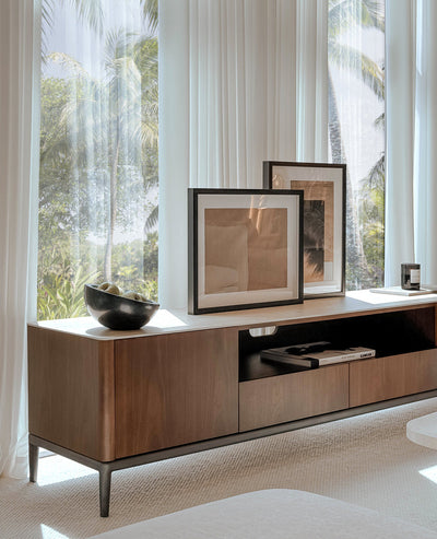 [NEW] Torres TV Console - Walnut & Ceramic‑Travertine Media Cabinet