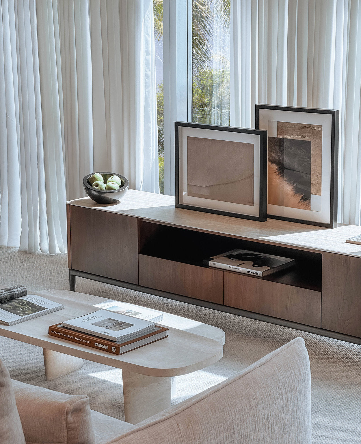 [NEW] Torres TV Console - Walnut & Ceramic‑Travertine Media Cabinet