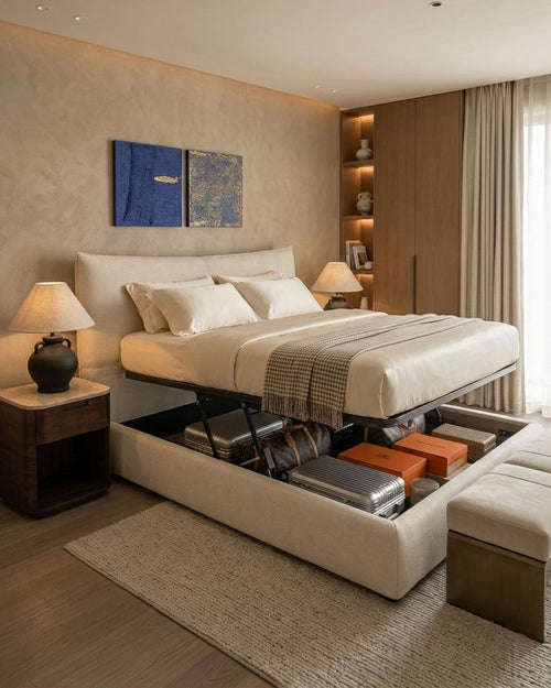 Modern bedroom with a bed that has storage compartments.