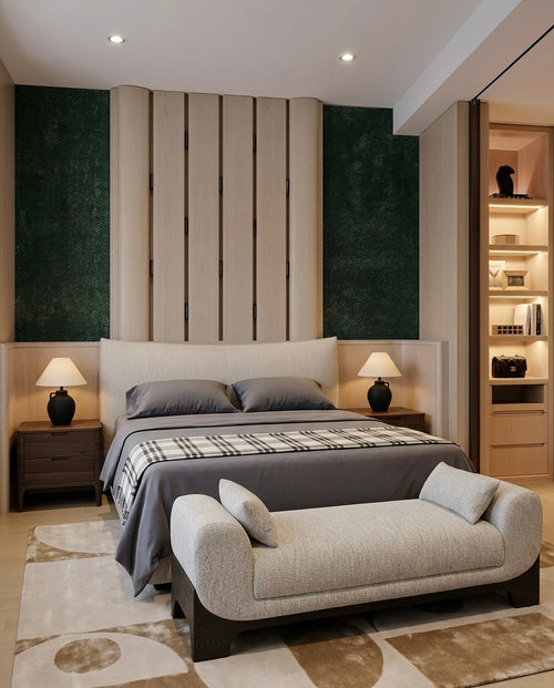 Modern bedroom with a bed, bench, and shelves.