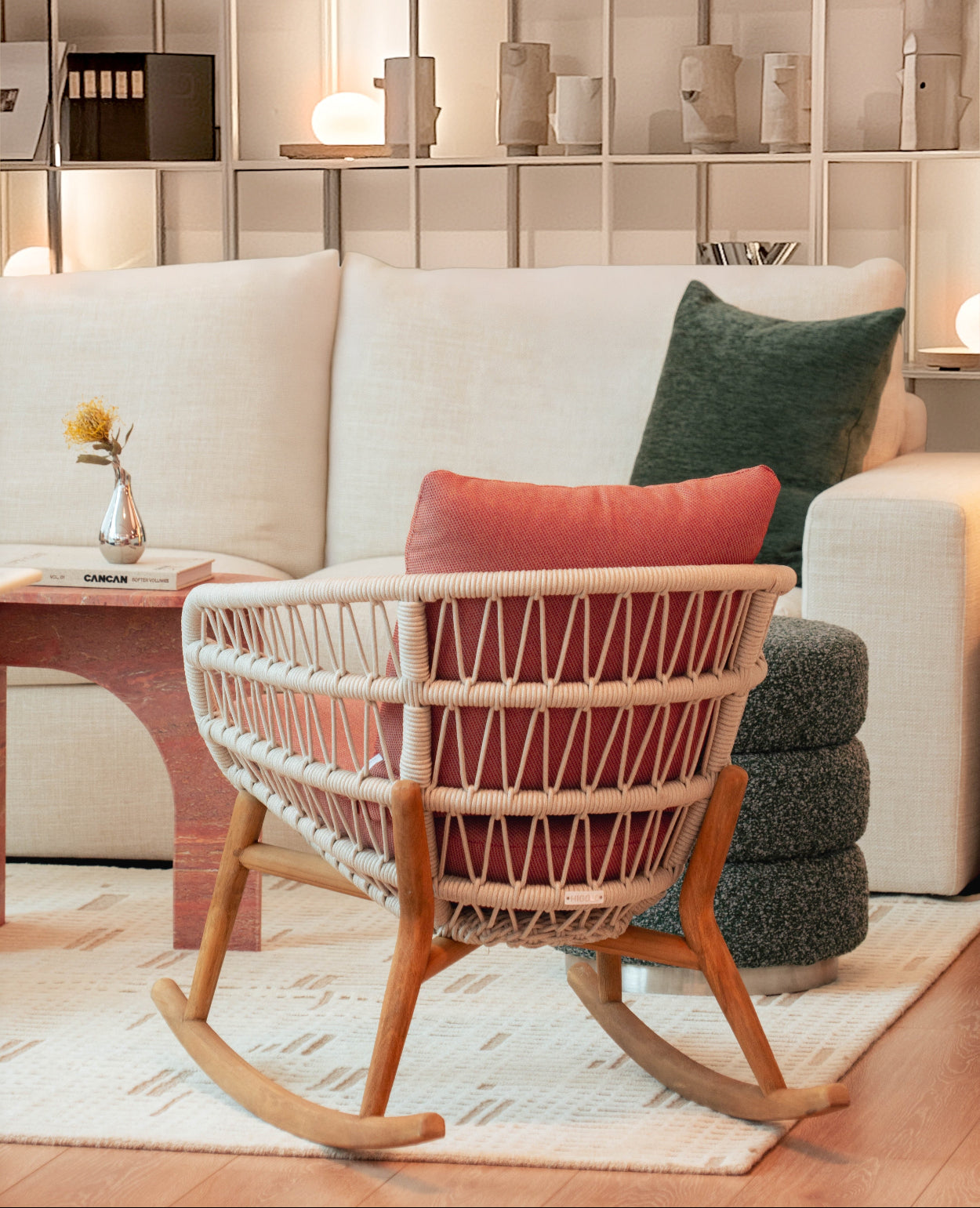 Vasca Rocking Chair – Performance Fabric & Handwoven Rope