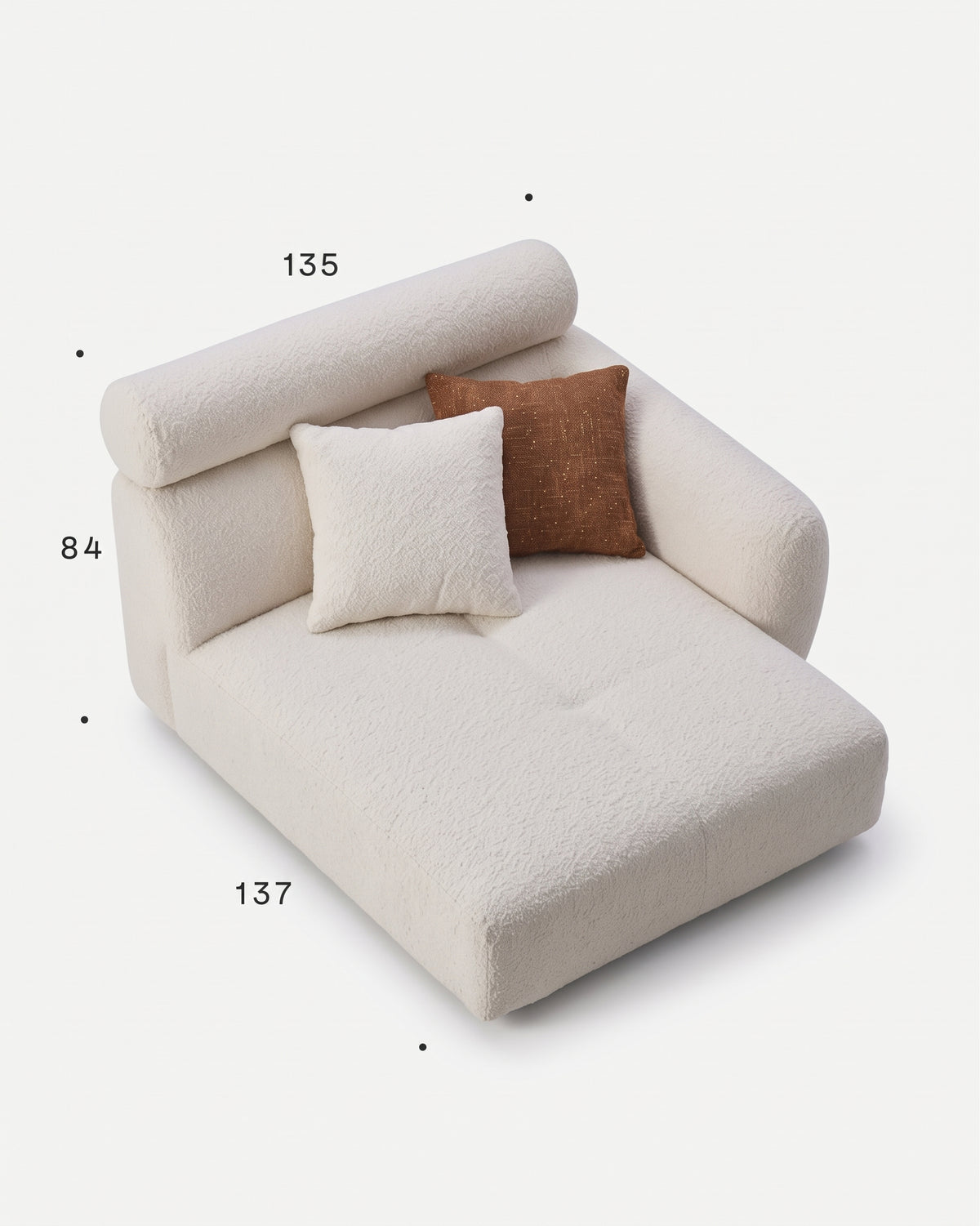 A cream-colored boucle daybed with two textured pillows (one cream, one brown) on a white background, with dimension lines and numbers indicating measurements of 135, 84, and 137.