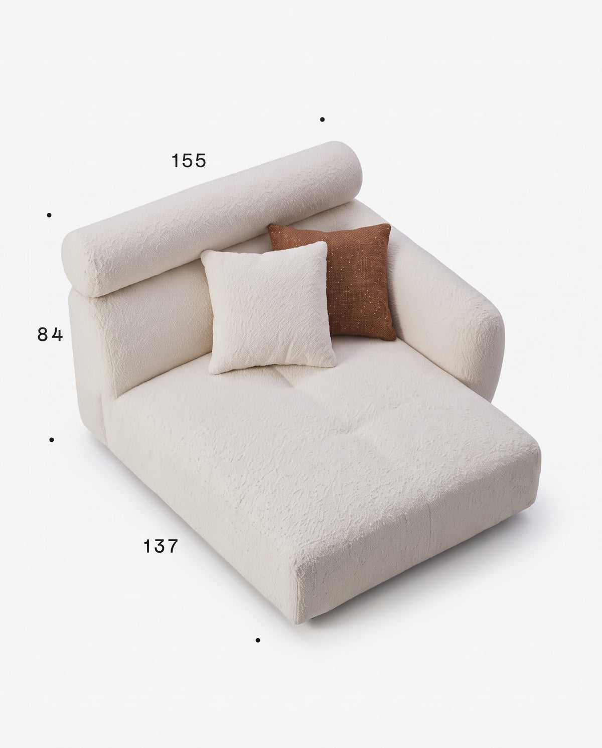 A cream-colored boucle daybed with two decorative pillows, shown with dimension lines and labels indicating its measurements of 155, 84, and 137 on a white background.