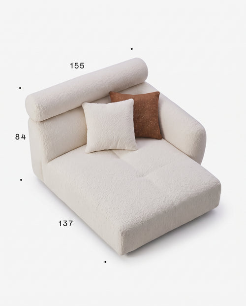 A cream-colored boucle daybed with two decorative pillows, shown with dimension lines and labels indicating its measurements of 155, 84, and 137 on a white background.