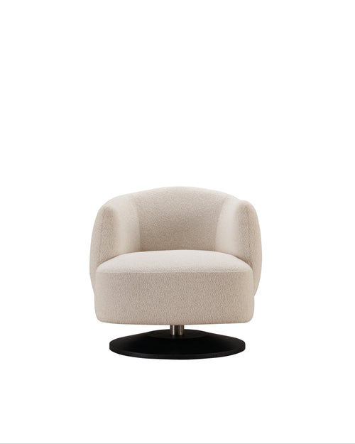A modern barrel-style swivel armchair upholstered in a textured cream bouclé fabric, mounted on a black circular base with a silver metal stem, shown against a solid white background.