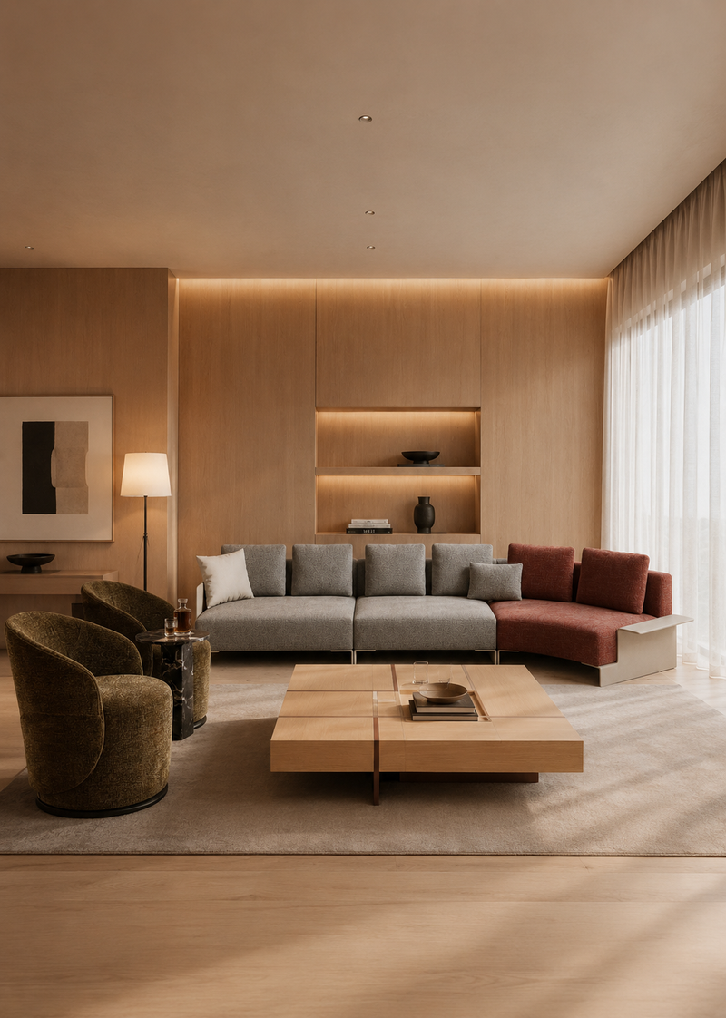 A modern living room featuring a modular sectional sofa with a light gray center section and a rust-red right section, paired with a low wooden coffee table and two textured armchairs in a warm, minimalist interior.