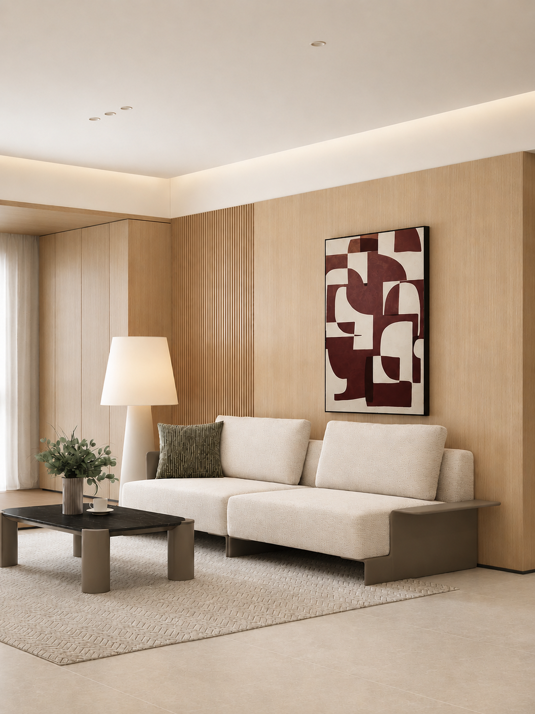 A modern living room featuring a cream-colored sectional sofa with a dark wood base, a black coffee table, a beige rug, and a wall-mounted abstract art print with geometric shapes in burgundy and cream.