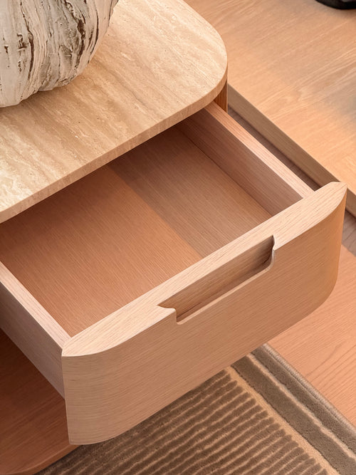 Kinsey Bed Side Table – Whitewash Oak with Italian Travertine Top