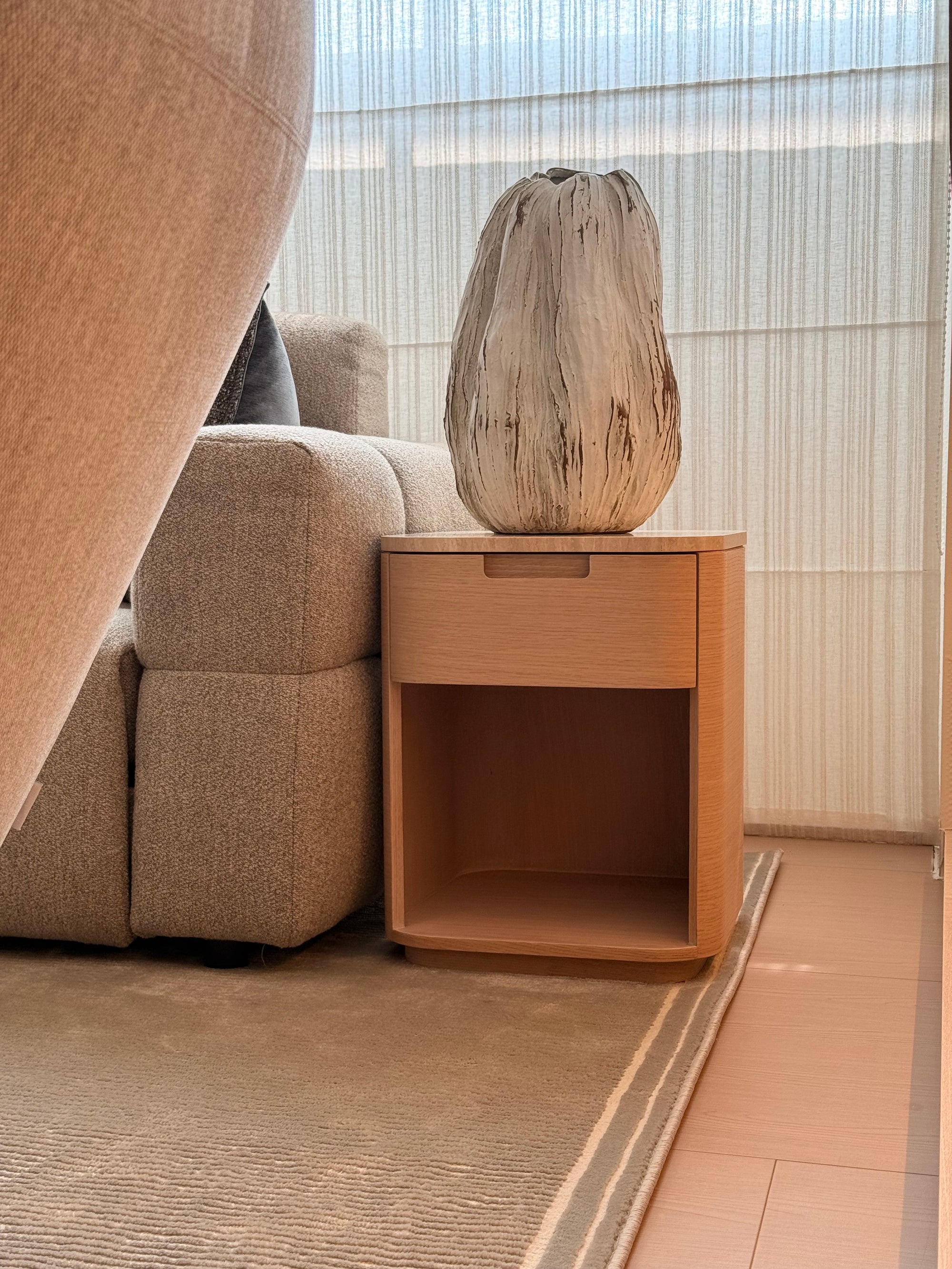 Kinsey Bed Side Table – Whitewash Oak with Italian Travertine Top