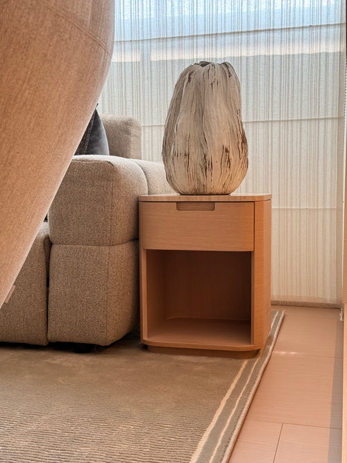 Kinsey Bed Side Table – Whitewash Oak with Italian Travertine Top