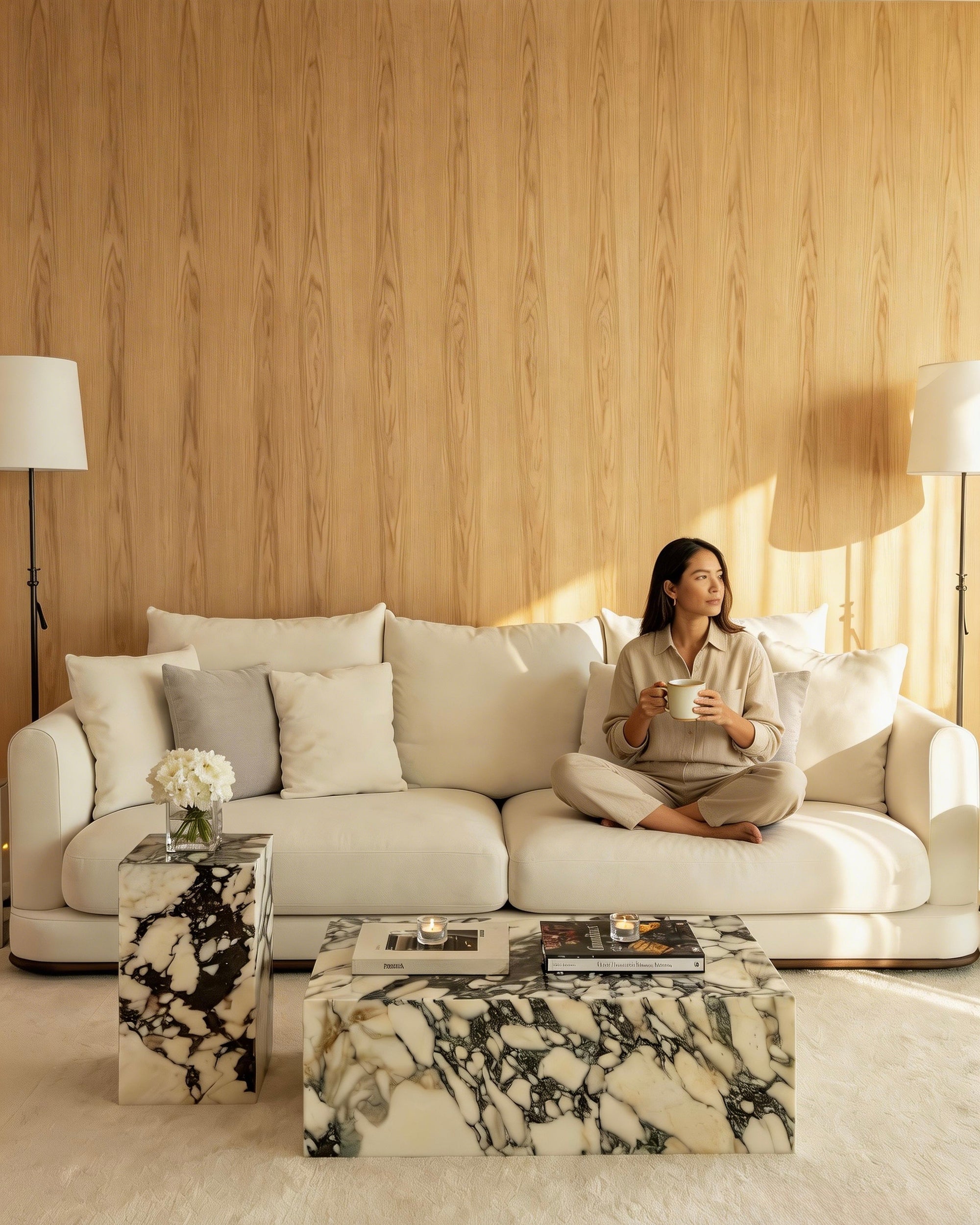 Woman sitting on a white sofa in a modern living room with marble coffee table and wooden wall.