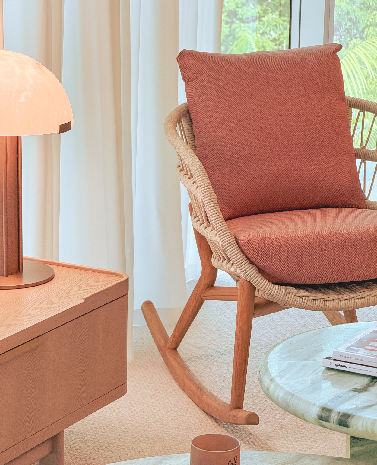 Vasca Rocking Chair – Performance Fabric & Handwoven Rope