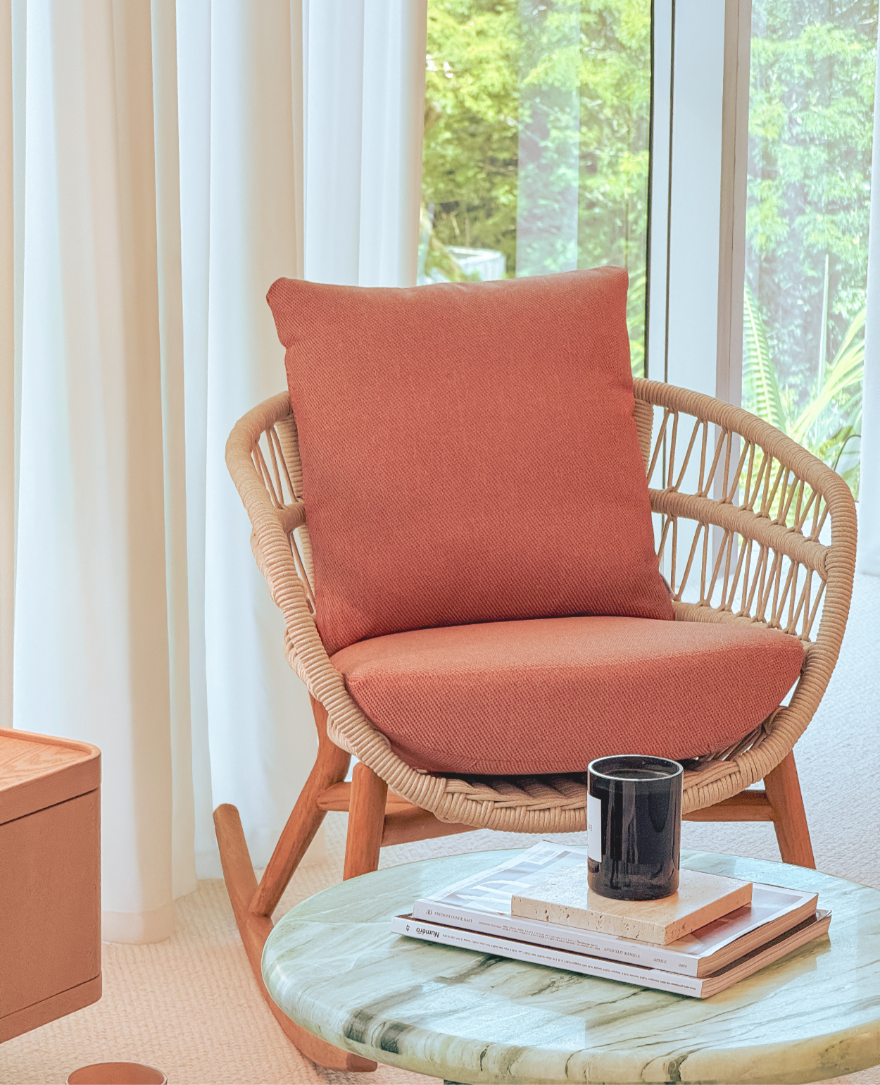 Vasca Rocking Chair – Performance Fabric & Handwoven Rope